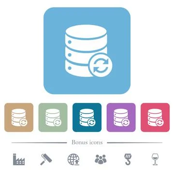 Syncronize database flat icons on color rounded square backgrounds 库存插图