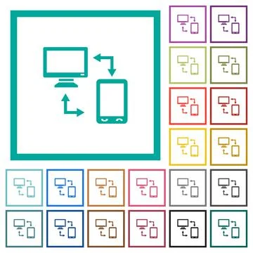 Syncronize mobile with computer flat color icons with quadrant frames Stockillustratie