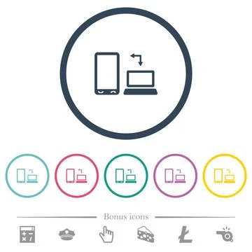Syncronize mobile with computer flat color icons in round outlines 스톡 일러스트