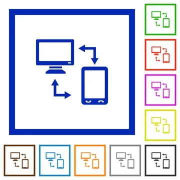 Syncronize mobile with computer flat framed icons 스톡 일러스트
