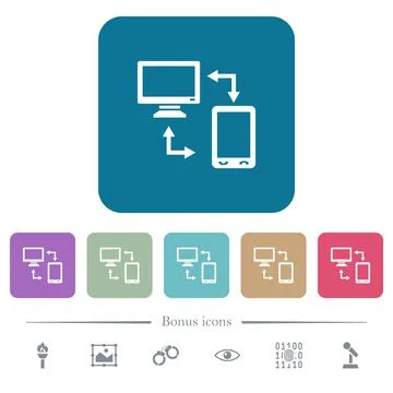 Syncronize mobile with computer flat icons on color rounded square background 스톡 일러스트