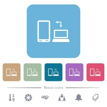Syncronize mobile with computer flat icons on color rounded square background 스톡 일러스트