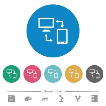 Syncronize mobile with computer flat round icons 스톡 일러스트
