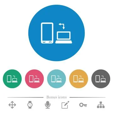 Syncronize mobile with computer flat round icons 스톡 일러스트
