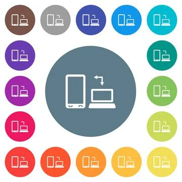 Syncronize mobile with computer flat white icons on round color backgrounds 스톡 일러스트