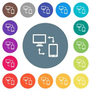 Syncronize mobile with computer flat white icons on round color backgrounds 스톡 일러스트