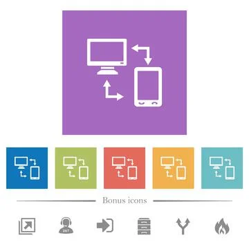 Syncronize mobile with computer flat white icons in square backgrounds 스톡 일러스트