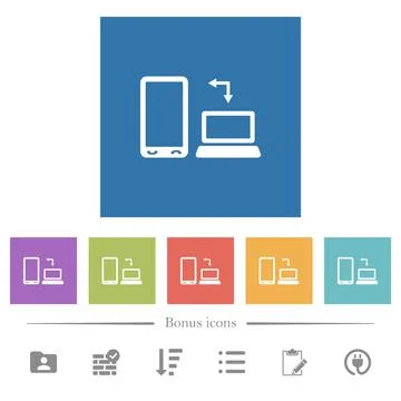 Syncronize mobile with computer flat white icons in square backgrounds 스톡 일러스트