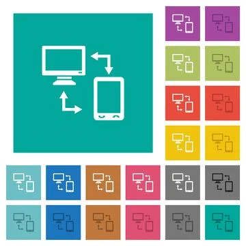 Syncronize mobile with computer square flat multi colored icons 스톡 일러스트