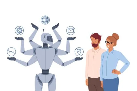 Synergy between multitasking robot and successful business people using modern Stock Illustration