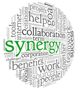 Synergy concept in word tag cloud Illustrazione stock