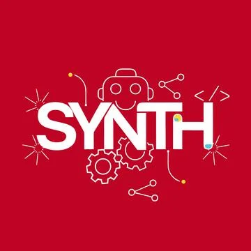 Synth logo with robot and gear on red background Illustrazione stock
