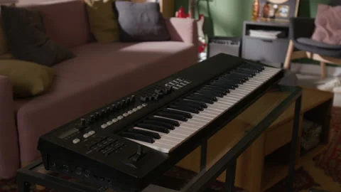 Synth Placed in Musicians Apartment for Producing Music in Home Studio Stock Footage 335394330