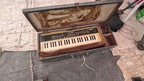 Synthesizer Inside Custom Wooden Case Displayed at Flea Market Stock Footage 346416645