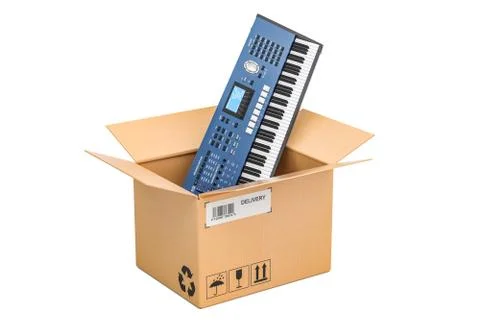 Synthesizer inside parcel, delivery concept. 3D rendering Stock Illustration