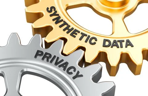Synthetic data and Privacy concept with interlocking gears. 3D rendering Stock Illustration