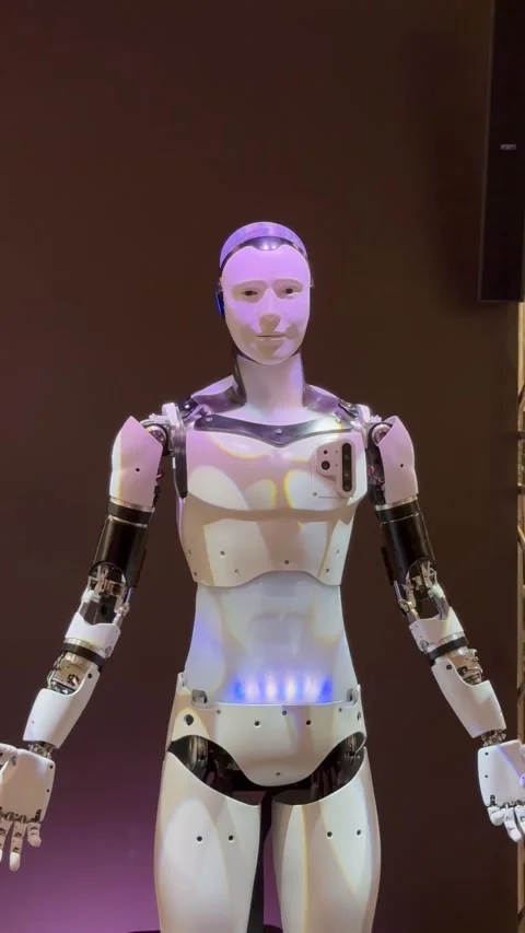 Synthetic fluidity: robot's smooth maneuvers mimic human grace, blurring distinc Stock Footage 265543489