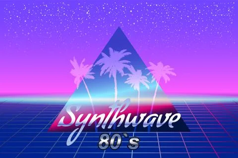 Synthwave 80 s retro banner vaporwave aesthetic background. Palms silhouette Stock Illustration