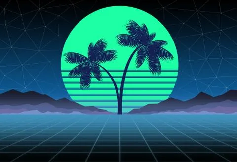 Synthwave and retrowave background template. Palms, sun and space in computer Illustrazione stock