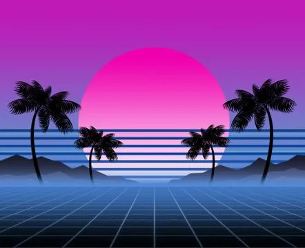 Synthwave and retrowave background template. Palms, sun and space in computer Stock Illustration