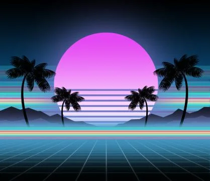 Synthwave and retrowave background template. Palms, sun and space in computer Stock Illustration