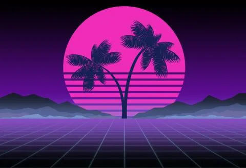 Synthwave and retrowave background template. Palms, sun and space in computer Illustrazione stock