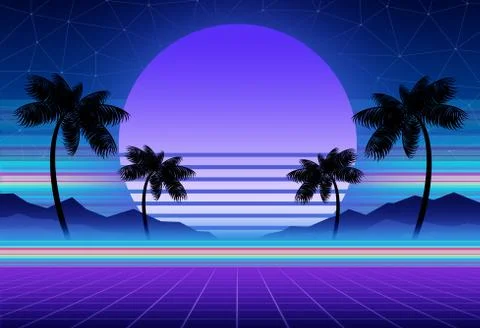 Synthwave and retrowave background template. Palms, sun and space in computer Stock Illustration