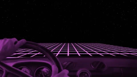 Synthwave animation. Hands gripping a car steering wheel and a car dashboard Stock Footage 158242387