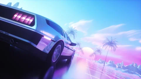 SynthWave Background of Car and Road with Palm Trees Loop Stock Footage 281609392