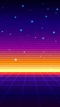 Synthwave background with neon retro grid and glowing sunset in 80s aesthet.. Stock Illustration