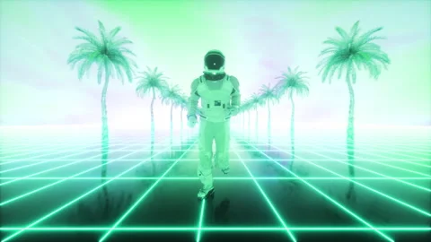 Synthwave Background of runing Astronaut against Palm trees Loop Stock Footage 242939375