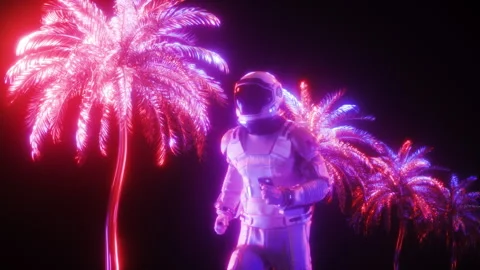 Synthwave Background of Runing Astronaut against Neon glowing Palm Trees Stock Footage 247364850