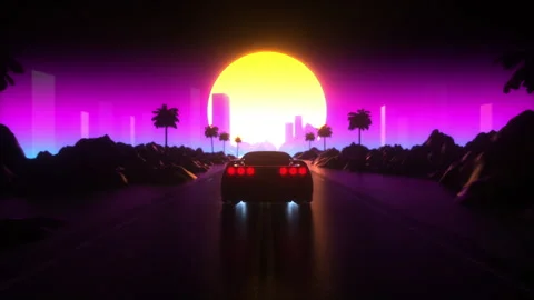 Synthwave car driving in a road with sunset view.Skyscraper background.Neon City Stock Footage 276899732
