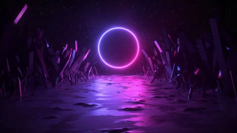 Synthwave, crossing a dark and wet road with a neon circle.Neon landscape 80s  Stock Footage 276899589