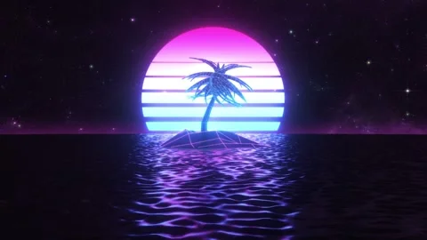 Synthwave Cyber Sea Island with Palm Tre... | Stock Video | Pond5