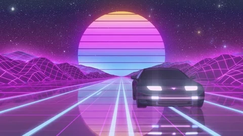Synthwave Cyberpunk Retro Car - Front View - VJ Loop Neon Highway Stock-Footage 343433225