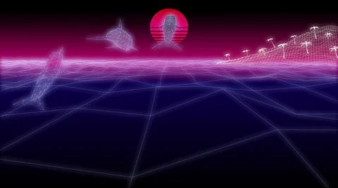 Synthwave dolphins and island Background 3d render 스톡 일러스트