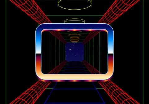 Synthwave frame with chrome rectangle and 80s styled synthwave arcade game Stock Illustration