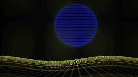 Synthwave Grid Animation with Blue Striped Sun over Undulating Yellow Wiref.. Stock Footage 344724854