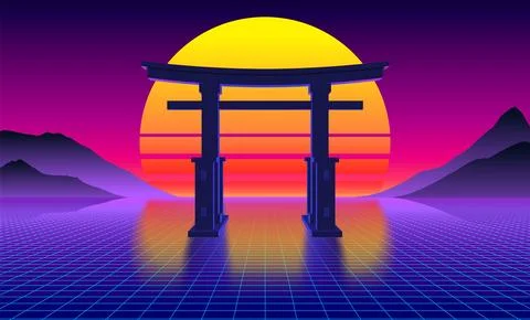 Synthwave Japanese torii gate with grid landscape and neon vaporwave sunset Stockillustratie