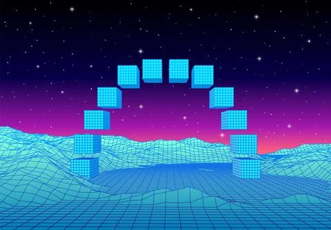 Synthwave landscape with arc gates in 80s retro style. Blue terrain with pu.. Stock Illustration
