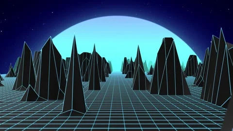 Synthwave landscape background with bright blue grid and rocky mountain shapes Stock Footage 261805085