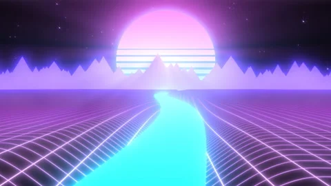 Synthwave Landscape of Glowing River Mountains and Retro 80s Sun Stock Footage 133434311