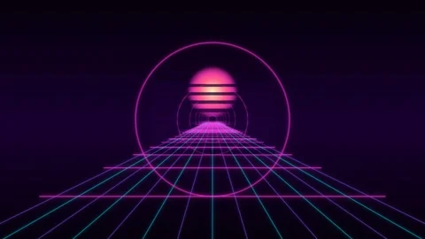 Synthwave neon grid tunnel with retro sunset Stock Footage 336353267