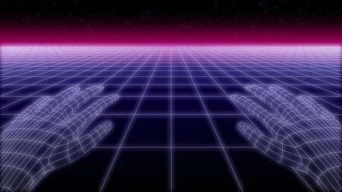 Synthwave net and hands Retro Background 3d render Stock Footage 121001410