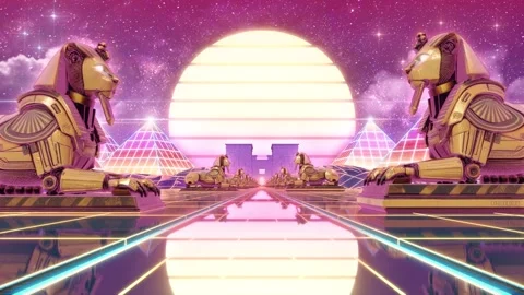 Synthwave Outrun Egyptian Sphinx Loop Neon Pyramid Sunset Highway 4K Stock Footage 340926056