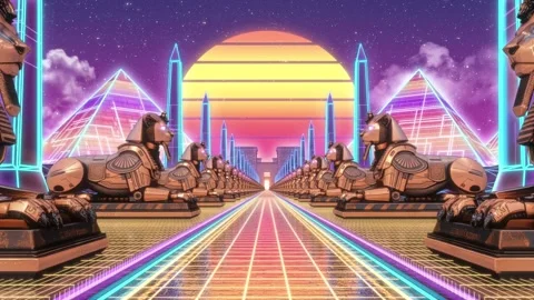 Synthwave Outrun Sphinx Highway Loop - Futuristic Egyptian Pyramid Sunset 4K Stock Footage 340855046