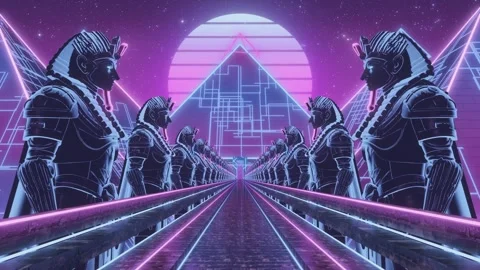 Synthwave Outrun Stone Bridge Loop with Giant Pharaoh Guardians and Neon Pyramid Stock Footage 340587819