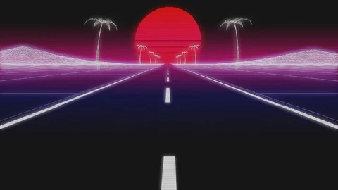 Synthwave palms road 80 Retro Background 3d render Stock Footage 102333288