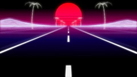 Synthwave palms road 80 Retro Background 3d render Stock-Illustration